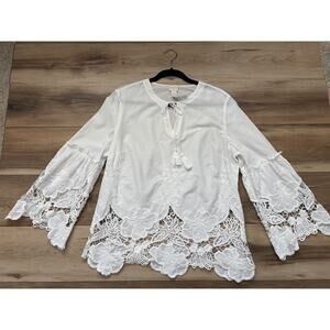Chico's Sz 2 Women’s White Cotton Lace Embroidered Bell Sleeve Boho Blouse